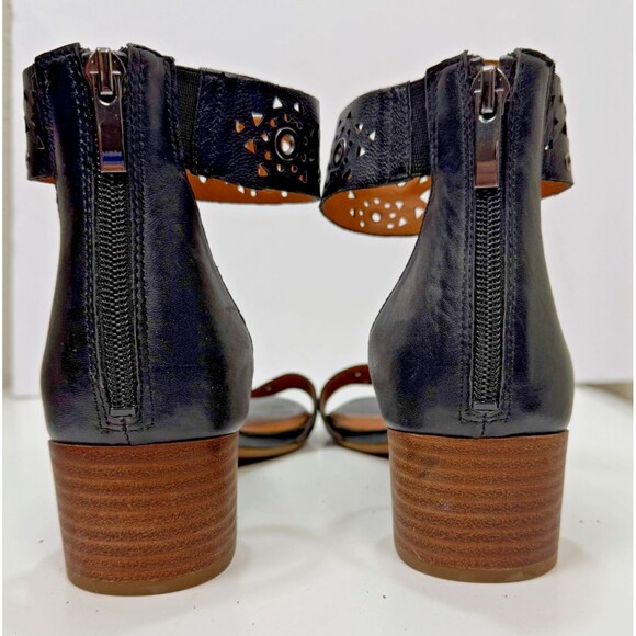 Franco Sarto Fidela Sandal 8.5 Black Leather Block Heel Ankle Strap Cut Out Shoe - Picture 4 of 10